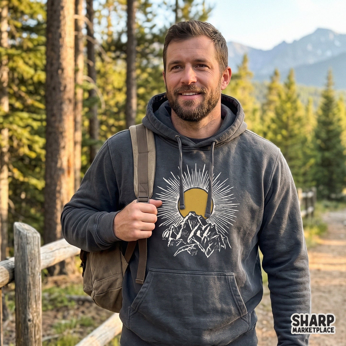 Vintage linocut sunburst over a mountain peak in a retro woodblock landscape design for sublimation shirt printing