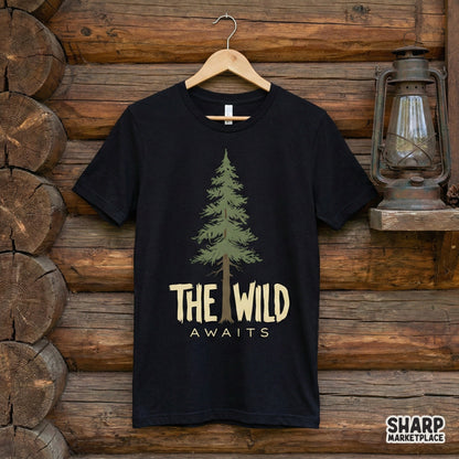 Nature-inspired graphic with a detailed evergreen tree and rustic lettering, suitable for custom camping shirts, stickers, and wilderness wall art.