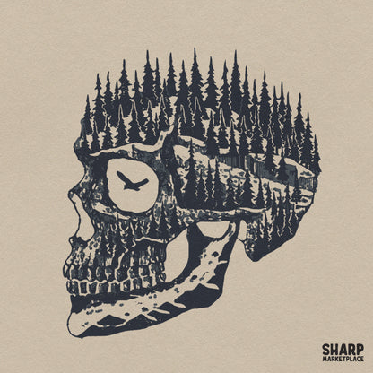 Forest silhouette inside a skull profile with flying birds spooky Halloween shirt PNG design
