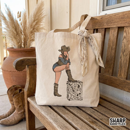 Digital western design featuring a stylish cowgirl sketch with a boot on a crate, perfect for sublimation, t-shirts, or custom apparel.