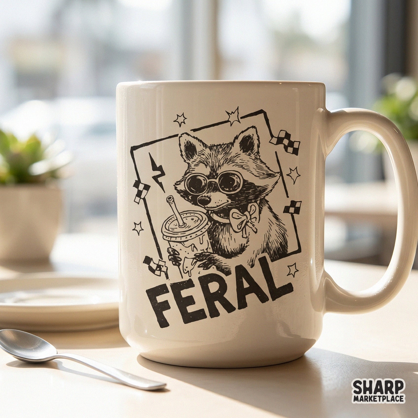 Funny trash panda graphic for DIY projects, featuring a raccoon in sunglasses with a bow tie and the word Feral, perfect for stickers or tumblers.