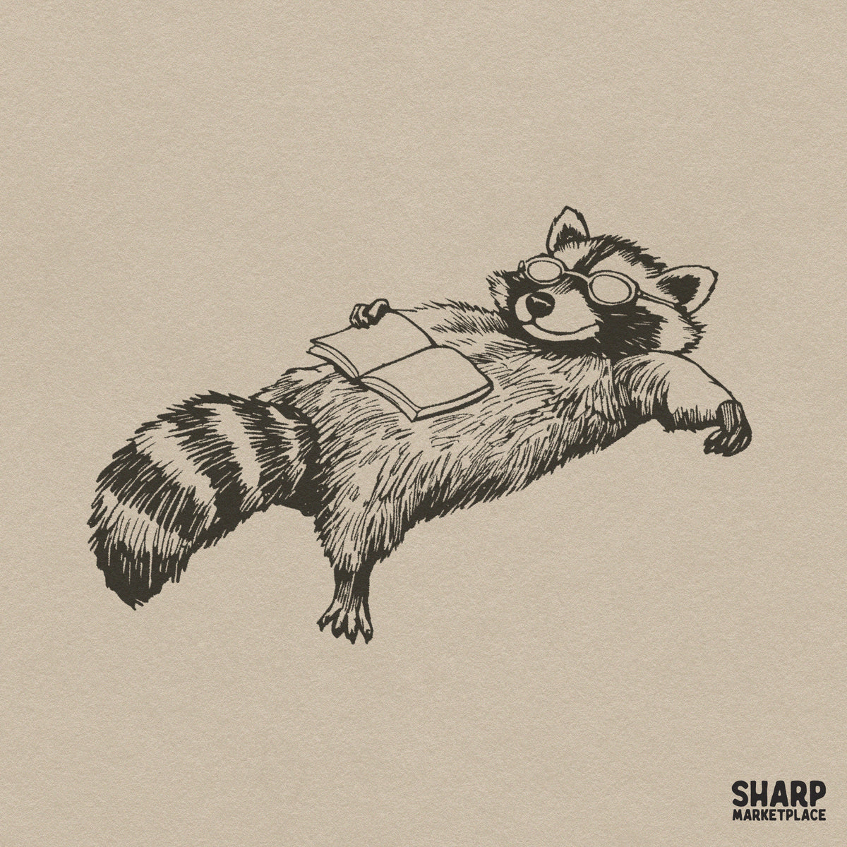 Relaxed Raccoon Reading Book with Glasses Trendy PNG