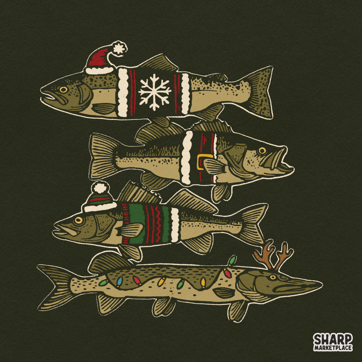 Vintage ugly sweater holiday fish Christmas sublimation PNG for winter angler shirts and holiday apparel