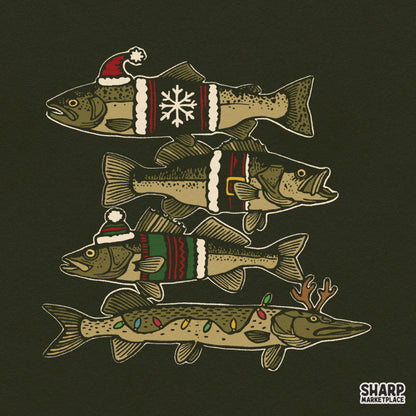 Vintage ugly sweater holiday fish Christmas sublimation PNG for winter angler shirts and holiday apparel