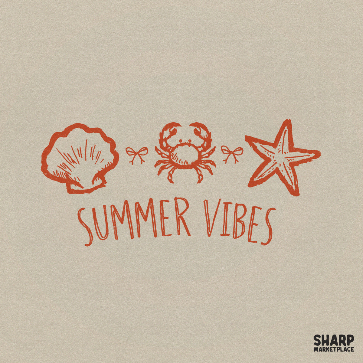 Retro coastal sketch design in burnt orange featuring a scallop shell, crab, and starfish with dainty bows, perfect for summer sublimation projects.