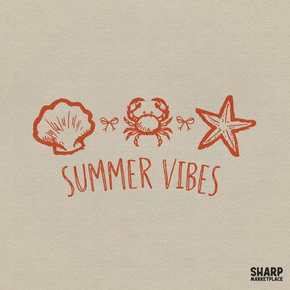 Retro coastal sketch design in burnt orange featuring a scallop shell, crab, and starfish with dainty bows, perfect for summer sublimation projects.
