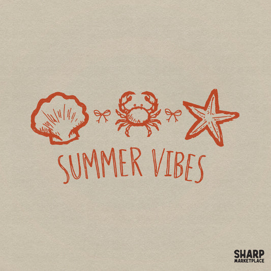Retro coastal sketch design in burnt orange featuring a scallop shell, crab, and starfish with dainty bows, perfect for summer sublimation projects.