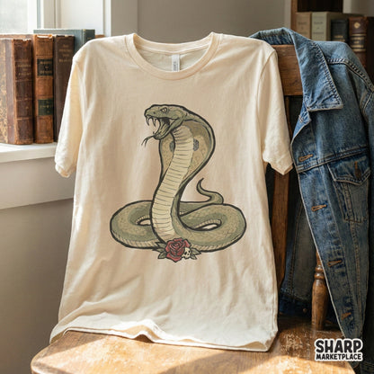 Detailed neo-traditional cobra snake design with a red rose and skull, perfect for custom gothic apparel, stickers, or sublimation transfers.