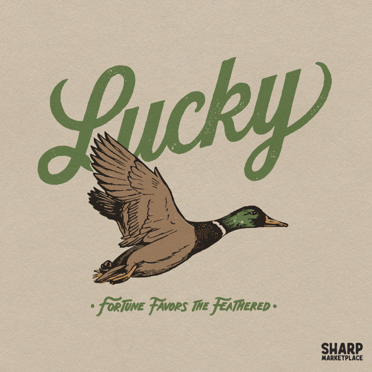 Retro flying duck mallard artwork with lucky fortune text in a western hunting sublimation PNG design