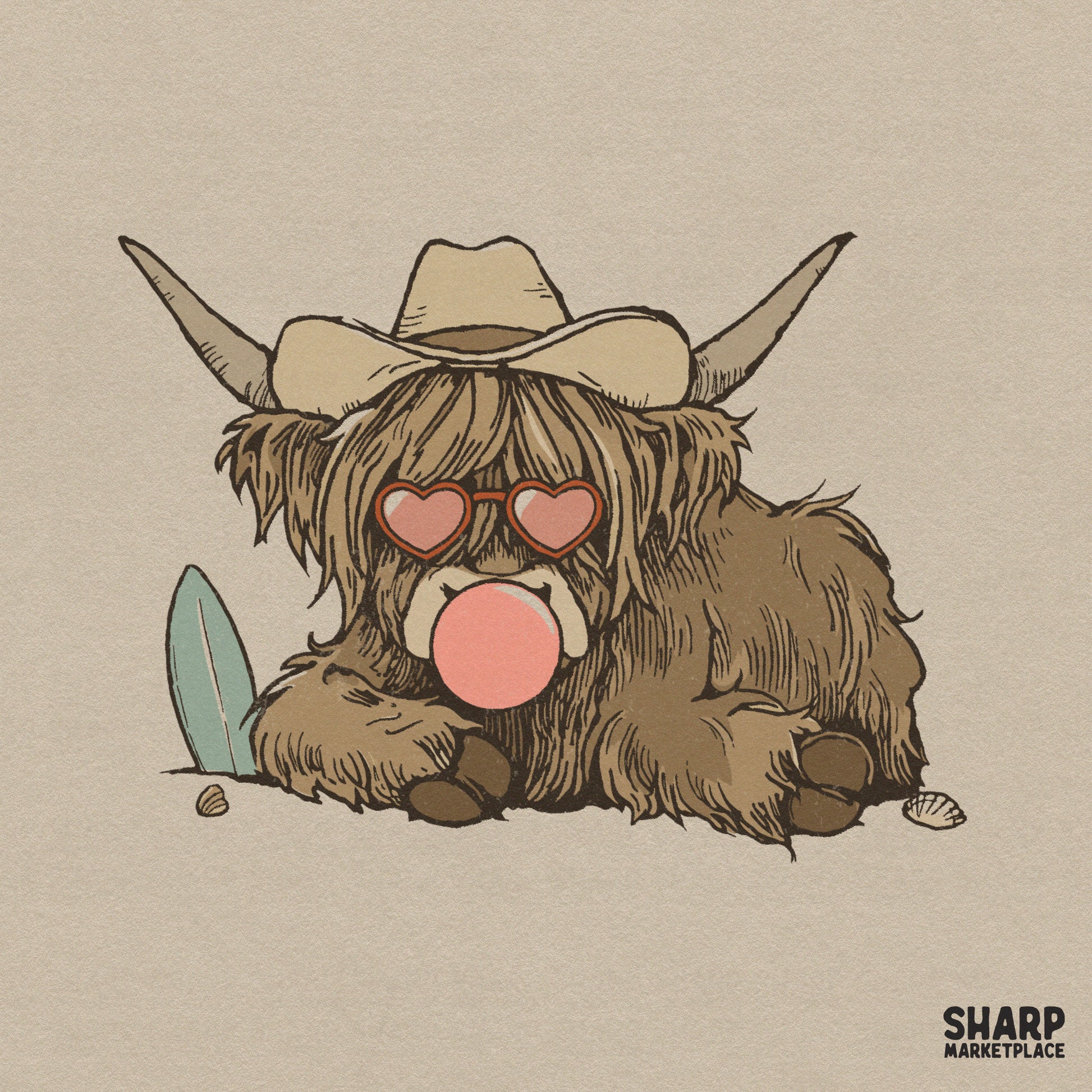 Shaggy highland cow wearing a cowboy hat and heart-shaped sunglasses while blowing a bubblegum bubble, perfect for summer sublimation designs.