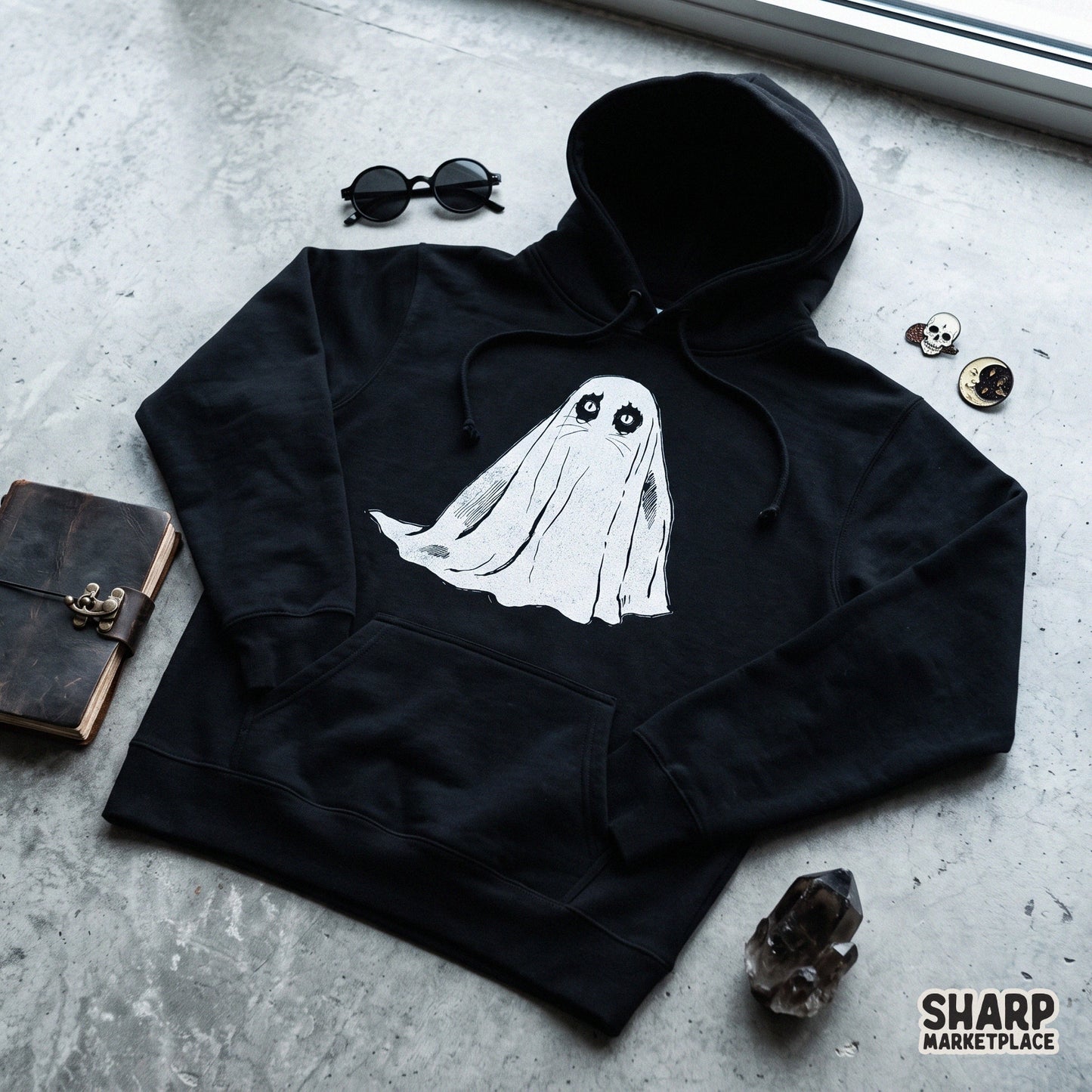 Adorable vintage cat wearing a ghost sheet costume for a cute Halloween png shirt design
