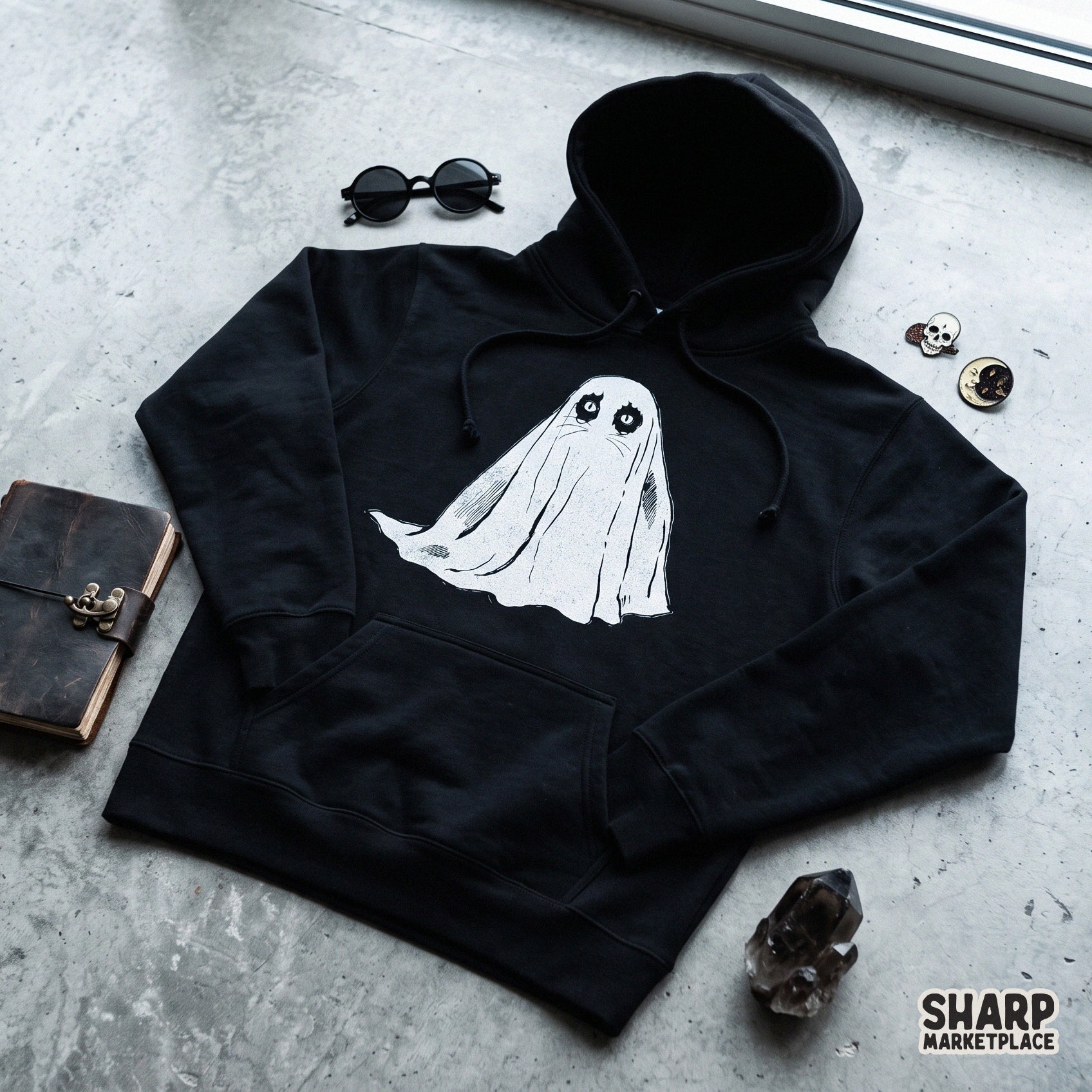 Adorable vintage cat wearing a ghost sheet costume for a cute Halloween png shirt design