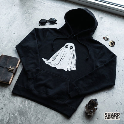 Adorable vintage cat wearing a ghost sheet costume for a cute Halloween png shirt design