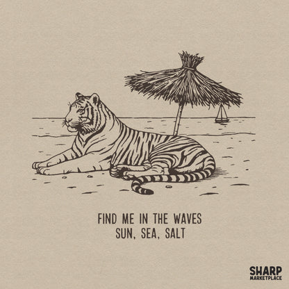 Vintage summer tiger on beach design for trendy y2k t-shirts and summer beach vibes apparel