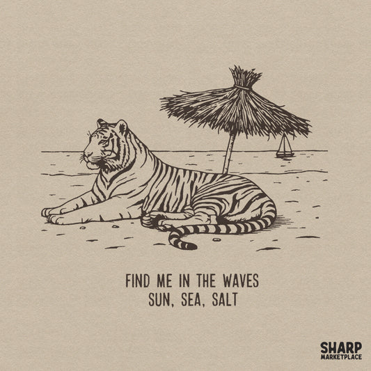 Vintage summer tiger on beach design for trendy y2k t-shirts and summer beach vibes apparel