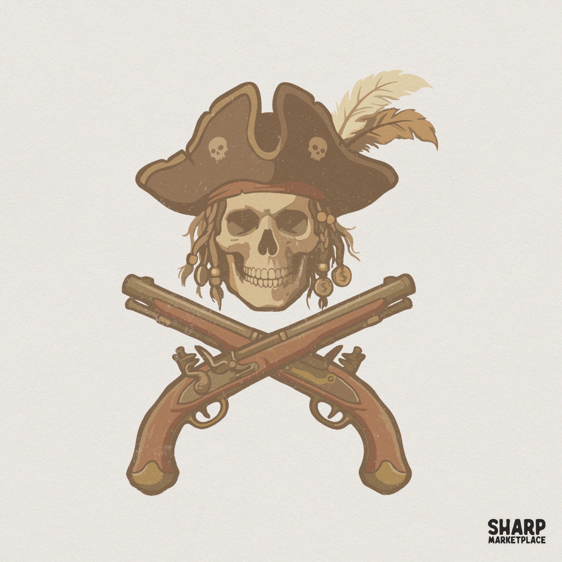 Pirate Skull PNG, Vintage Pistol Crossbones Digital Art - 300 DPI Design