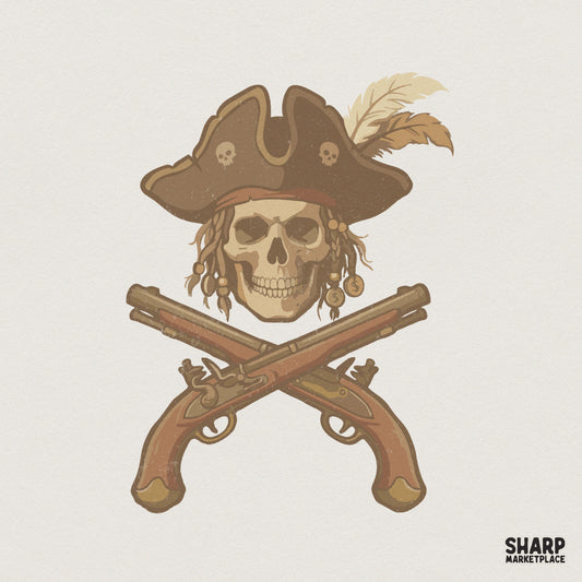 Pirate Skull PNG, Vintage Pistol Crossbones Digital Art - 300 DPI Design