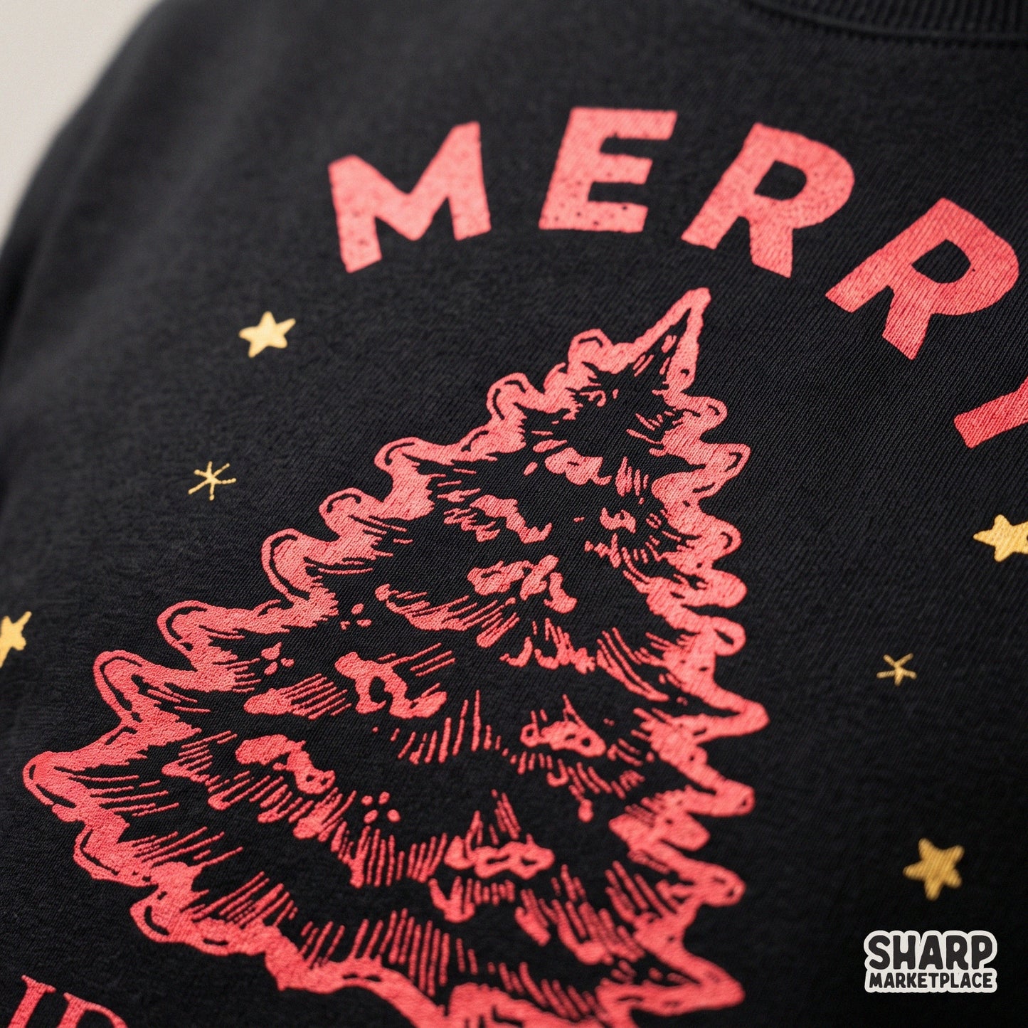 Red sketched pine tree with star doodles for a merry Christmas png and holiday apparel sublimation design
