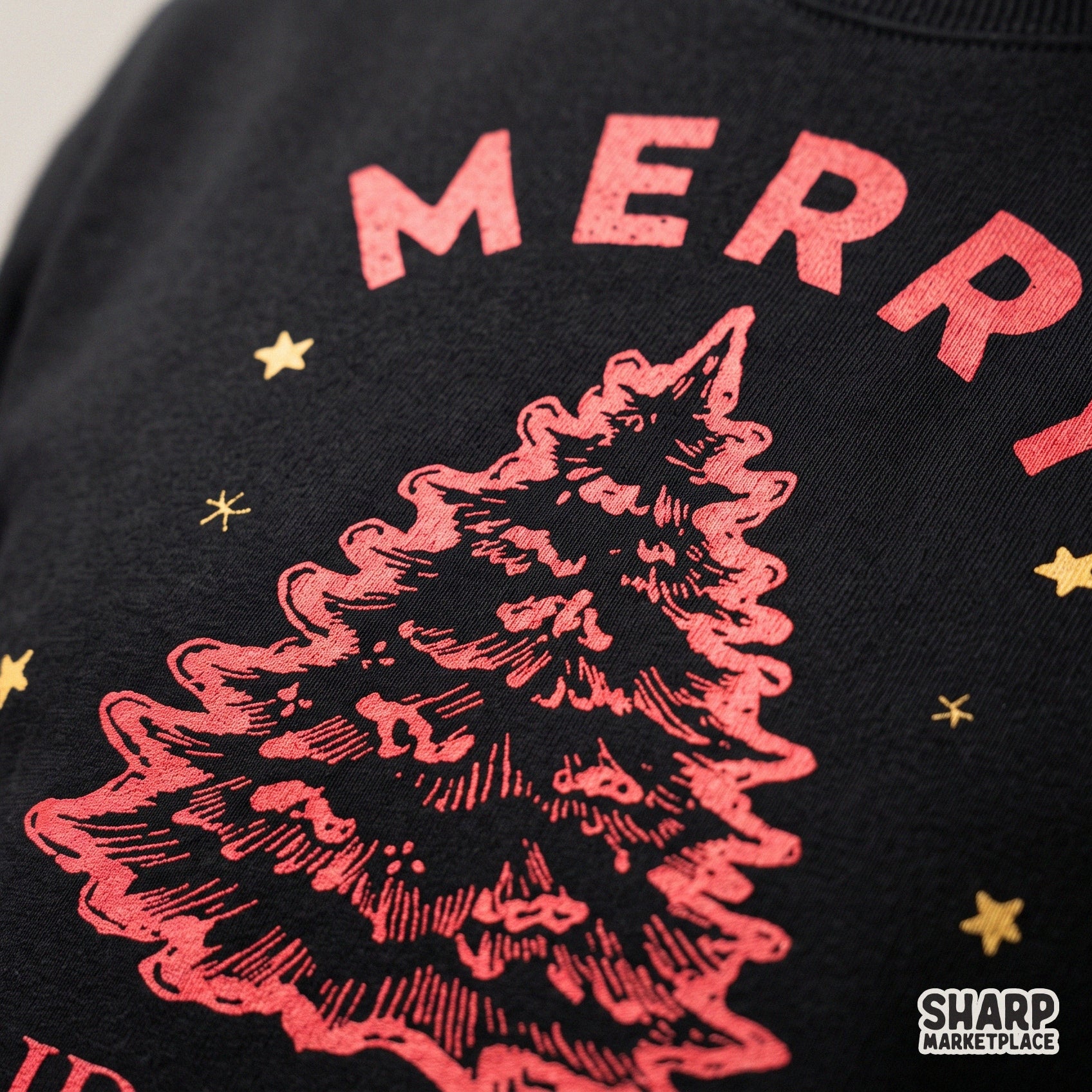 Red sketched pine tree with star doodles for a merry Christmas png and holiday apparel sublimation design