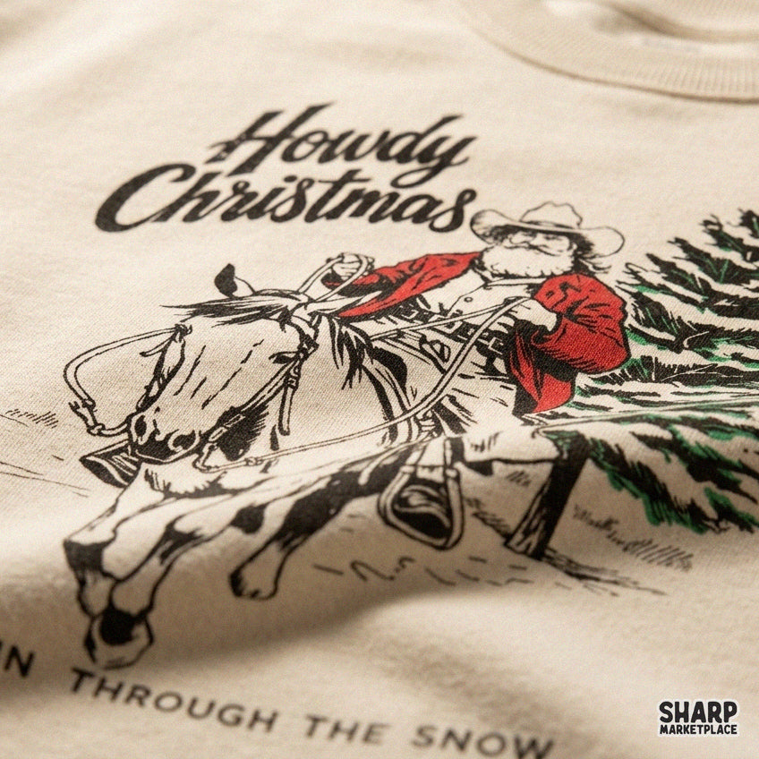 Vintage western Santa cowboy riding a horse in the snow, country music holiday PNG graphic for t-shirts