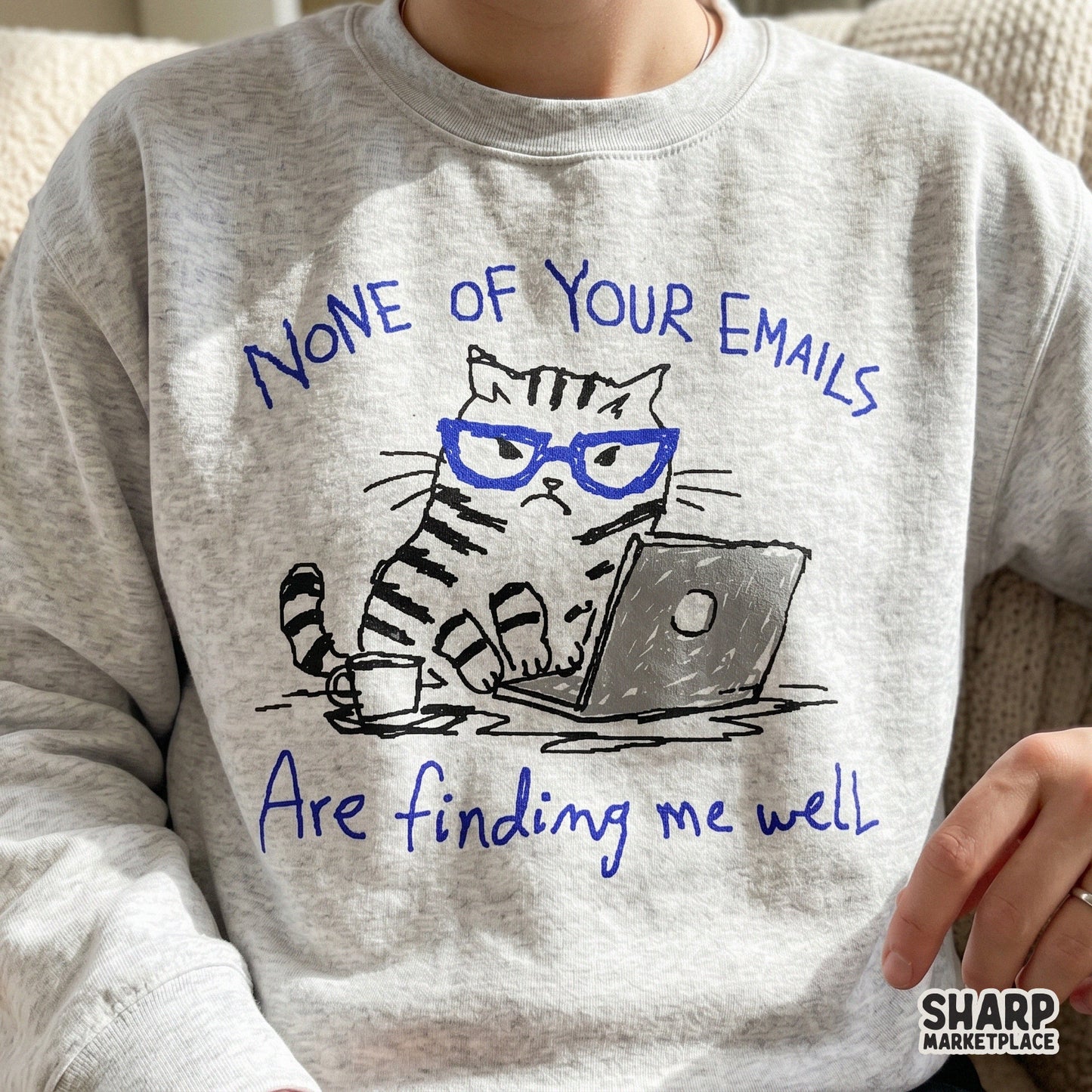 Funny work-themed digital download featuring a grumpy cat in blue glasses, ideal for custom apparel, office decor, and sarcastic DIY gift projects.