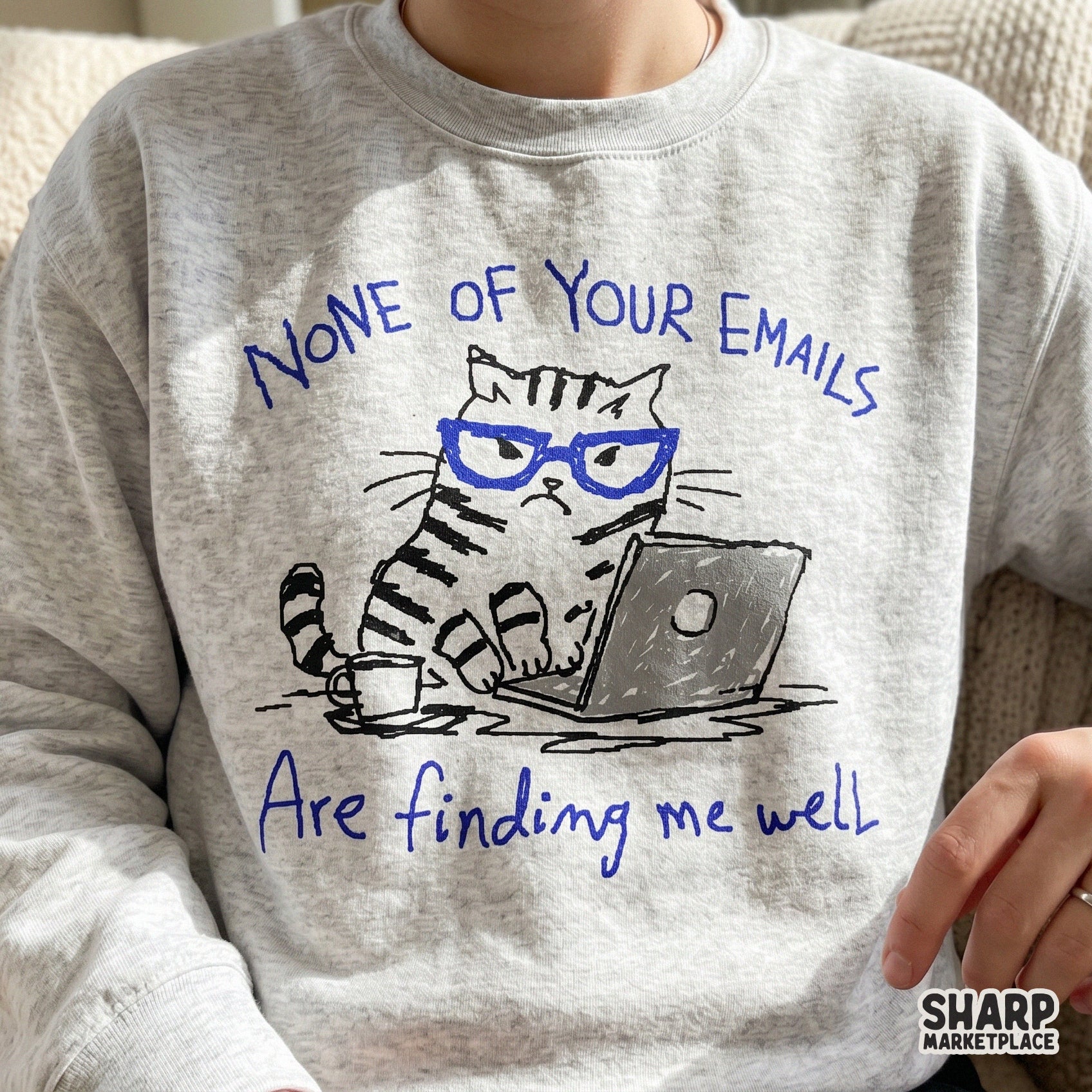 Funny work-themed digital download featuring a grumpy cat in blue glasses, ideal for custom apparel, office decor, and sarcastic DIY gift projects.