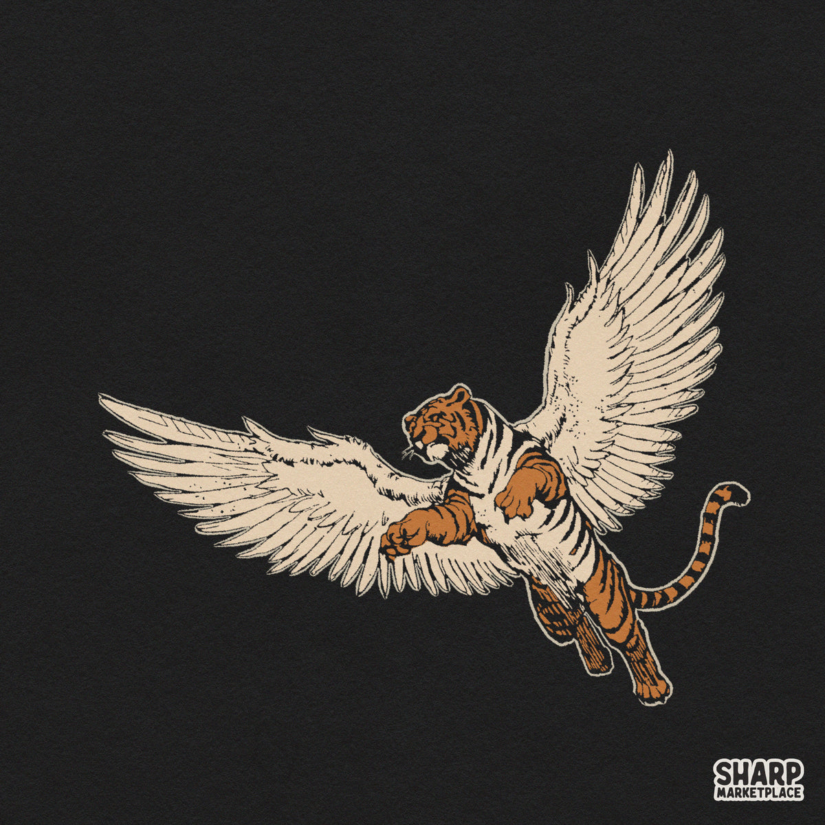 Surreal flying tiger with wings graphic illustration for custom retro t-shirts and streetwear apparel