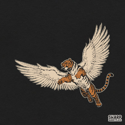 Surreal flying tiger with wings graphic illustration for custom retro t-shirts and streetwear apparel