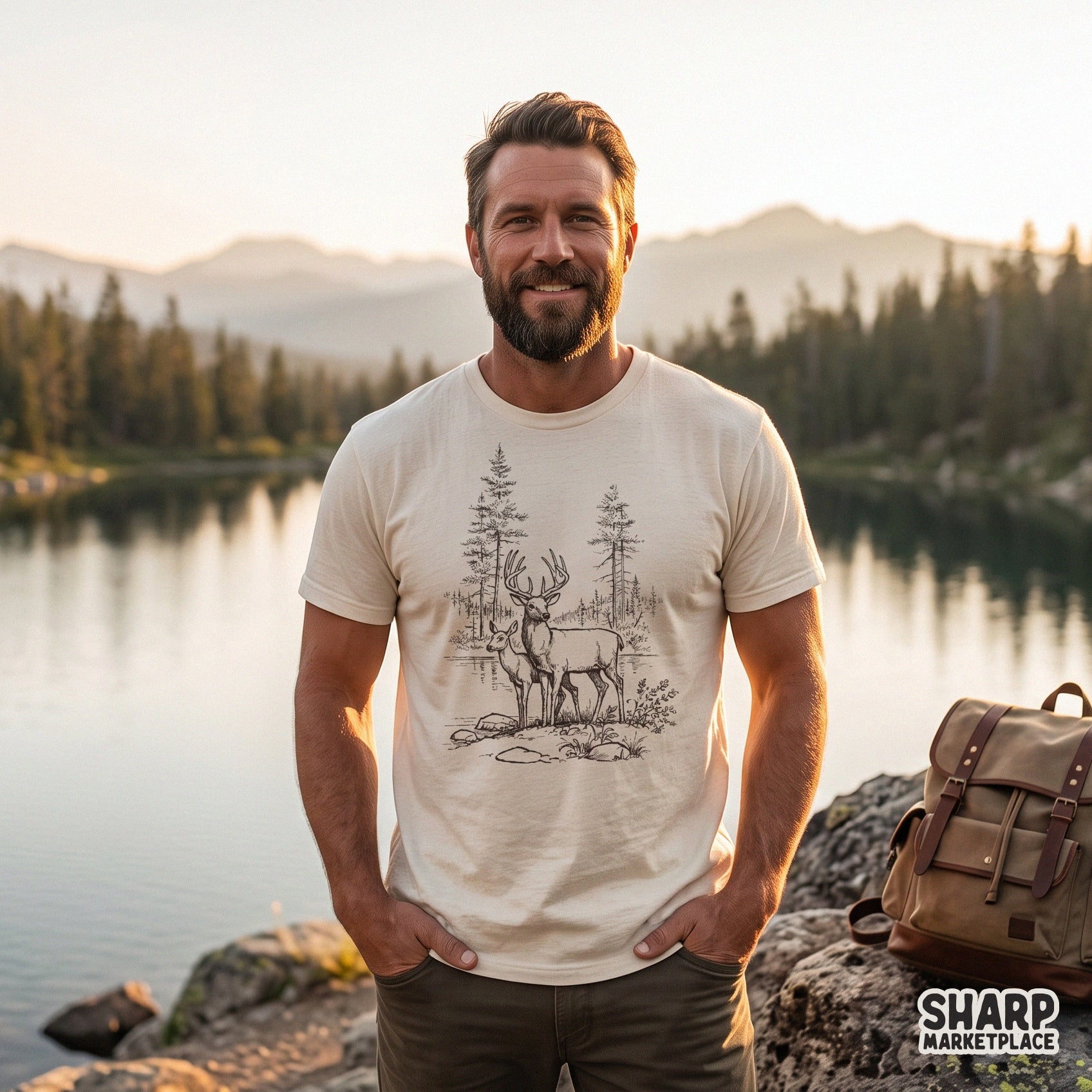 Vintage buck and doe deer nature sketch in a retro hunting sublimation design for outdoors wildlife camping shirts