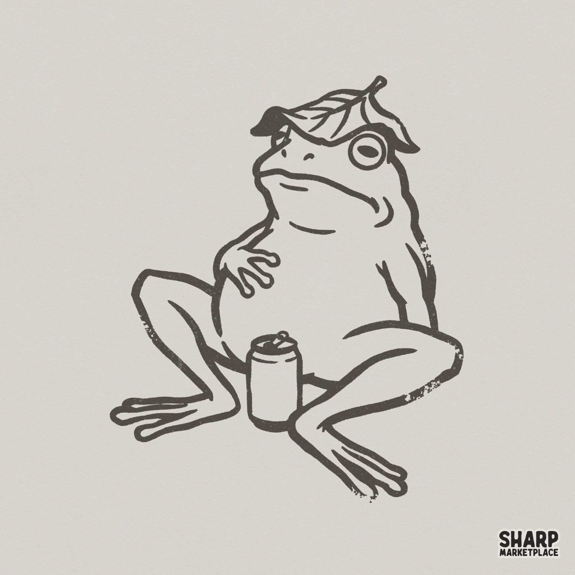 Hand-drawn digital design of a chill frog wearing a leaf hat and holding a drink, featuring distressed line art in a rustic monochromatic style.