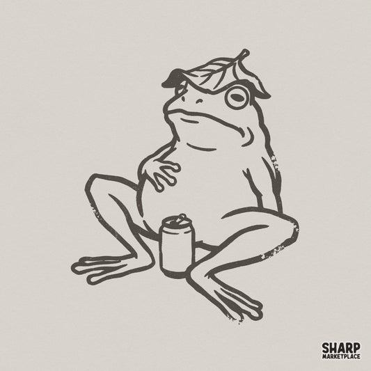 Hand-drawn digital design of a chill frog wearing a leaf hat and holding a drink, featuring distressed line art in a rustic monochromatic style.