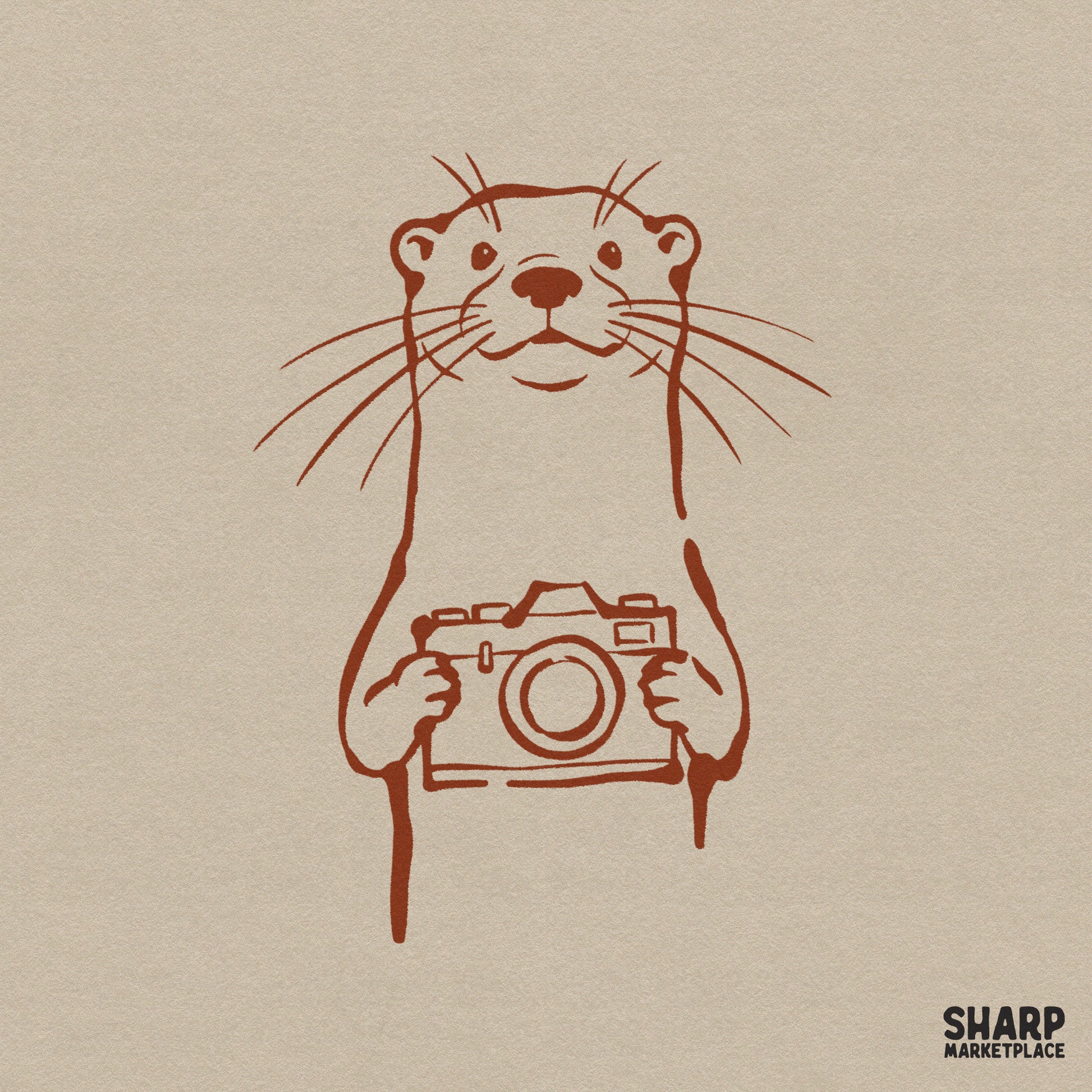 Minimalist brown line art of a cute otter holding a vintage camera, perfect for photography-themed sublimation, stickers, or custom apparel designs.