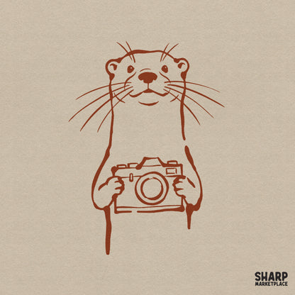 Minimalist brown line art of a cute otter holding a vintage camera, perfect for photography-themed sublimation, stickers, or custom apparel designs.