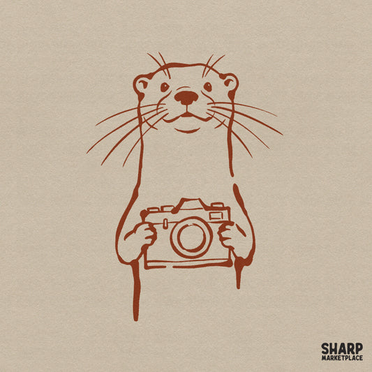 Minimalist brown line art of a cute otter holding a vintage camera, perfect for photography-themed sublimation, stickers, or custom apparel designs.