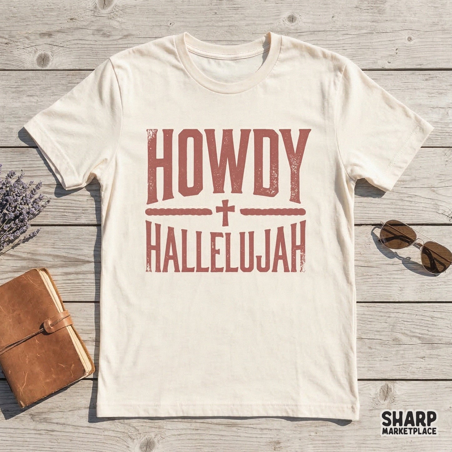 Distressed country style Howdy Hallelujah graphic with a cross icon, perfect for sublimation printing on apparel, tumblers, or faith-themed stickers.