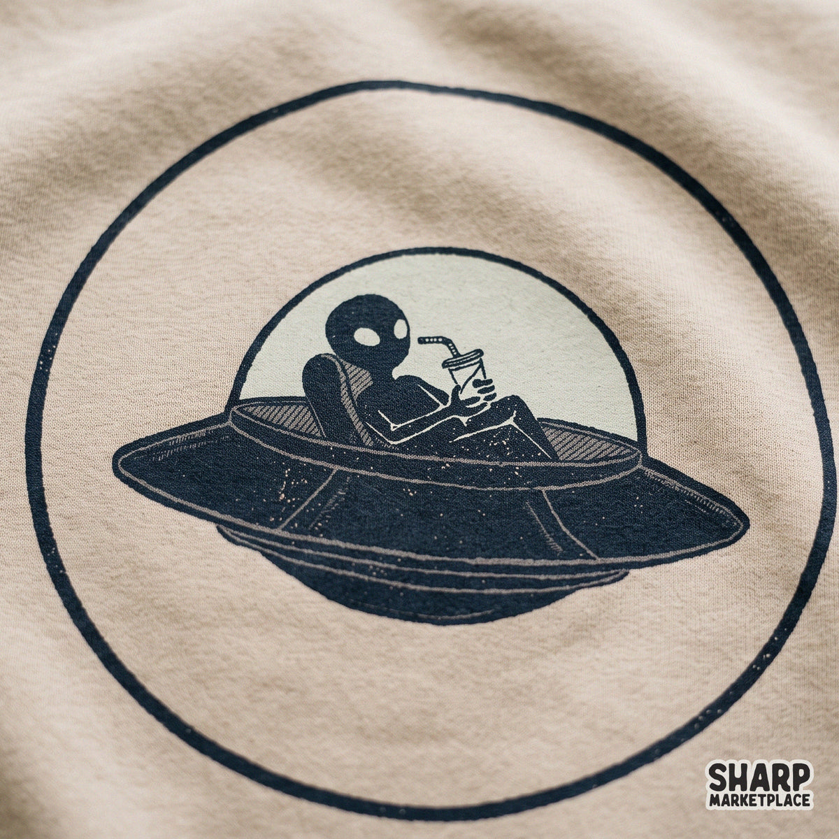 Funny alien in a UFO drinking iced coffee sci-fi space art digital PNG sublimation design for shirts and tumblers