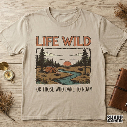 Retro outdoor adventure sublimation design on a t-shirt mockup, showing a distressed forest landscape with a tent, river, and bear, perfect for apparel.