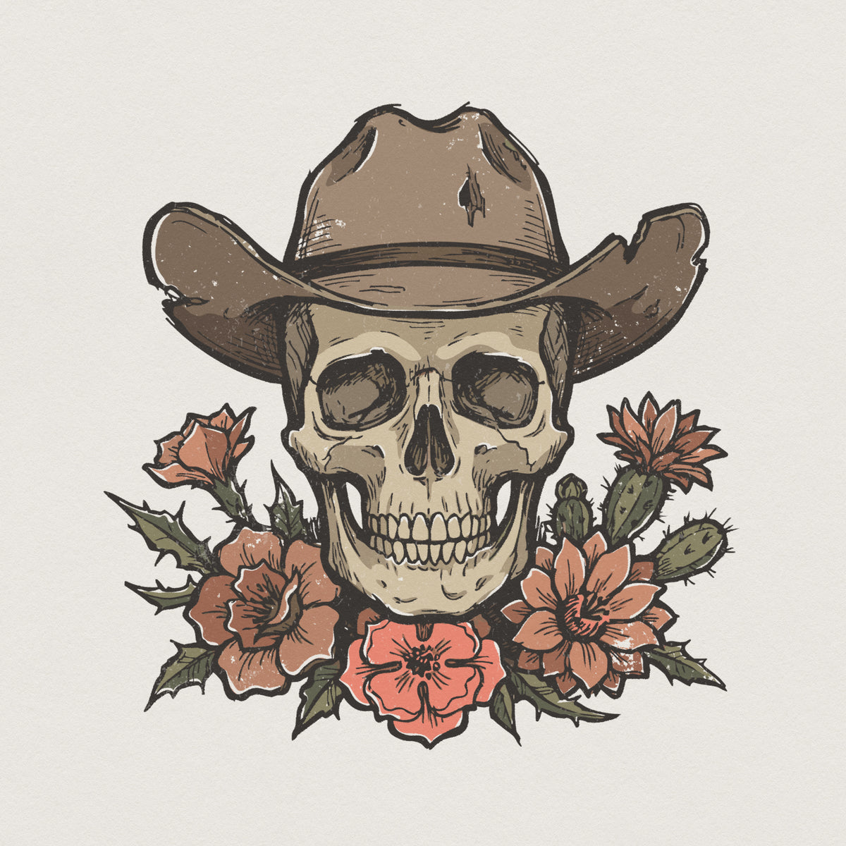 Vintage western cowboy skull PNG featuring a distressed brown hat surrounded by coral cactus flowers, perfect for boho sublimation shirt designs.