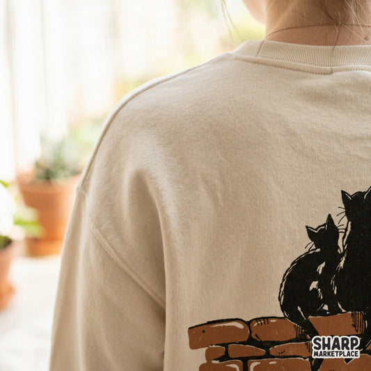 Three black cats sitting on a brick wall spooky season silhouette for retro Halloween shirts