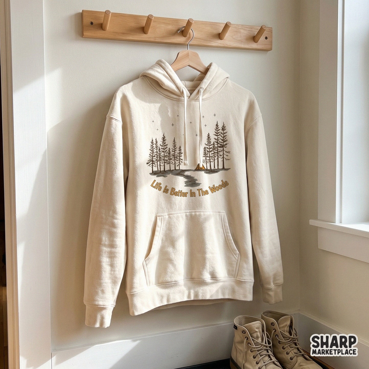 Life Is Better In The Woods camping PNG design with a retro woodland hiking trail scene for mountain t-shirts and sublimation