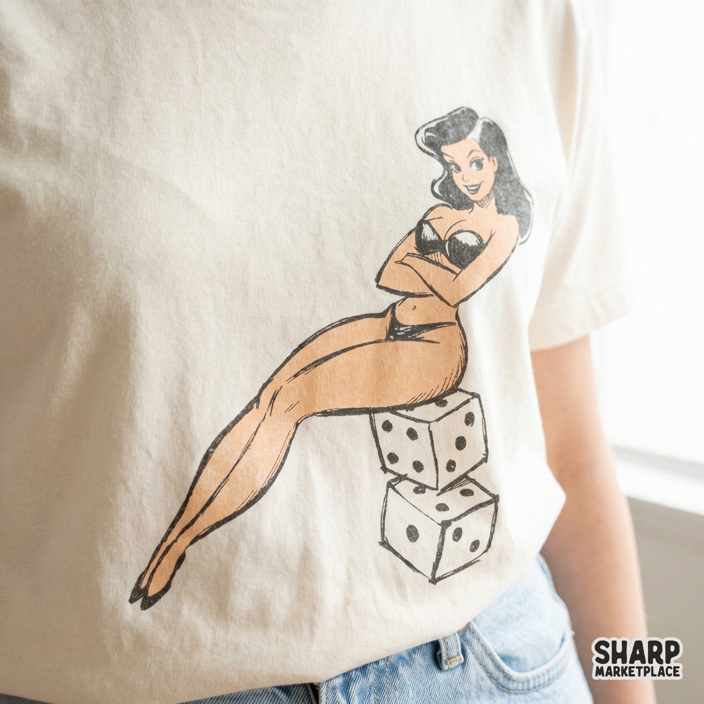 Vintage glamour pinup girl on dice illustration for trendy Valentine PNG shirts and retro casino stickers