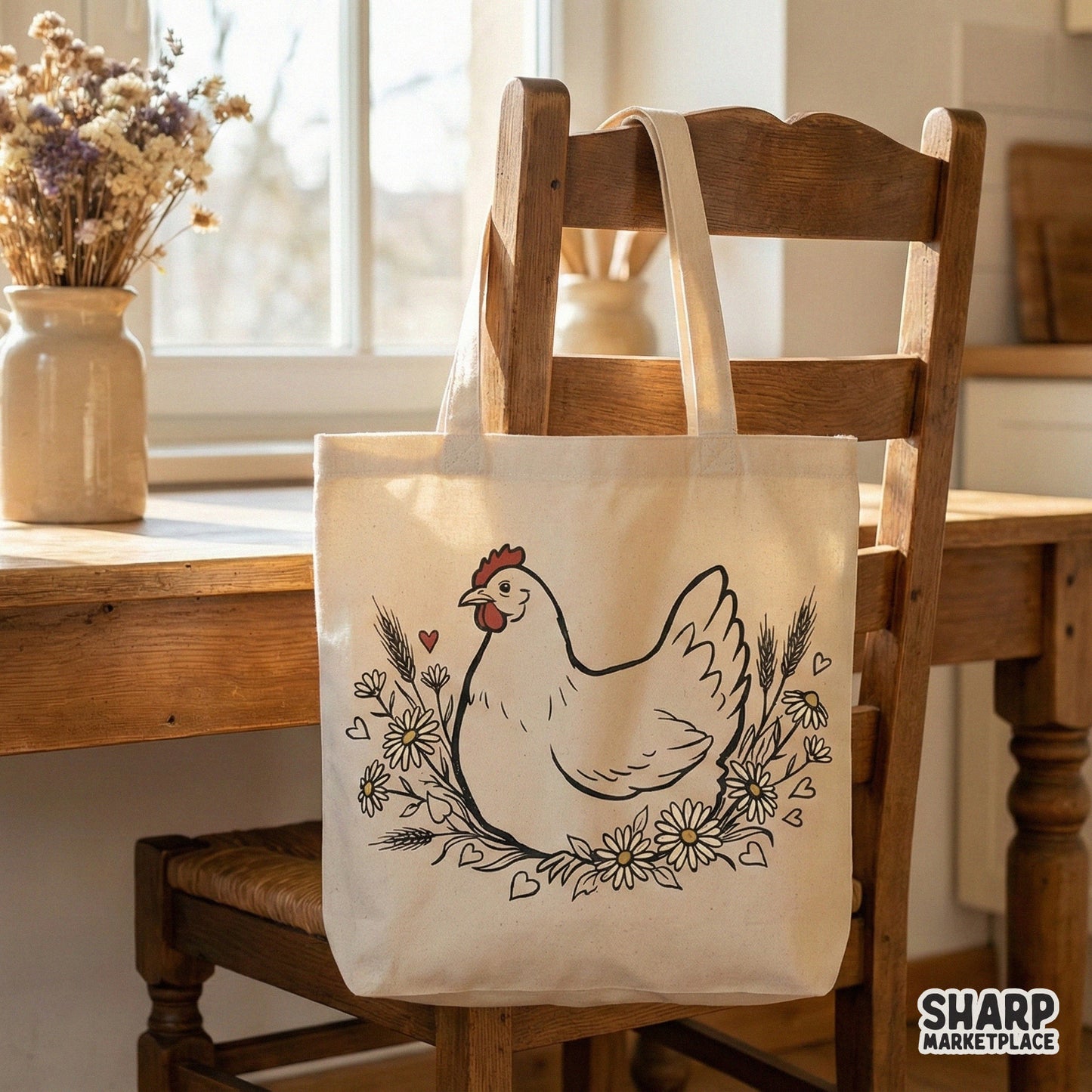 Farmhouse style hen graphic featuring a white chicken nestled in floral daisies and wheat, displayed on a cream-colored fabric tote bag mockup.