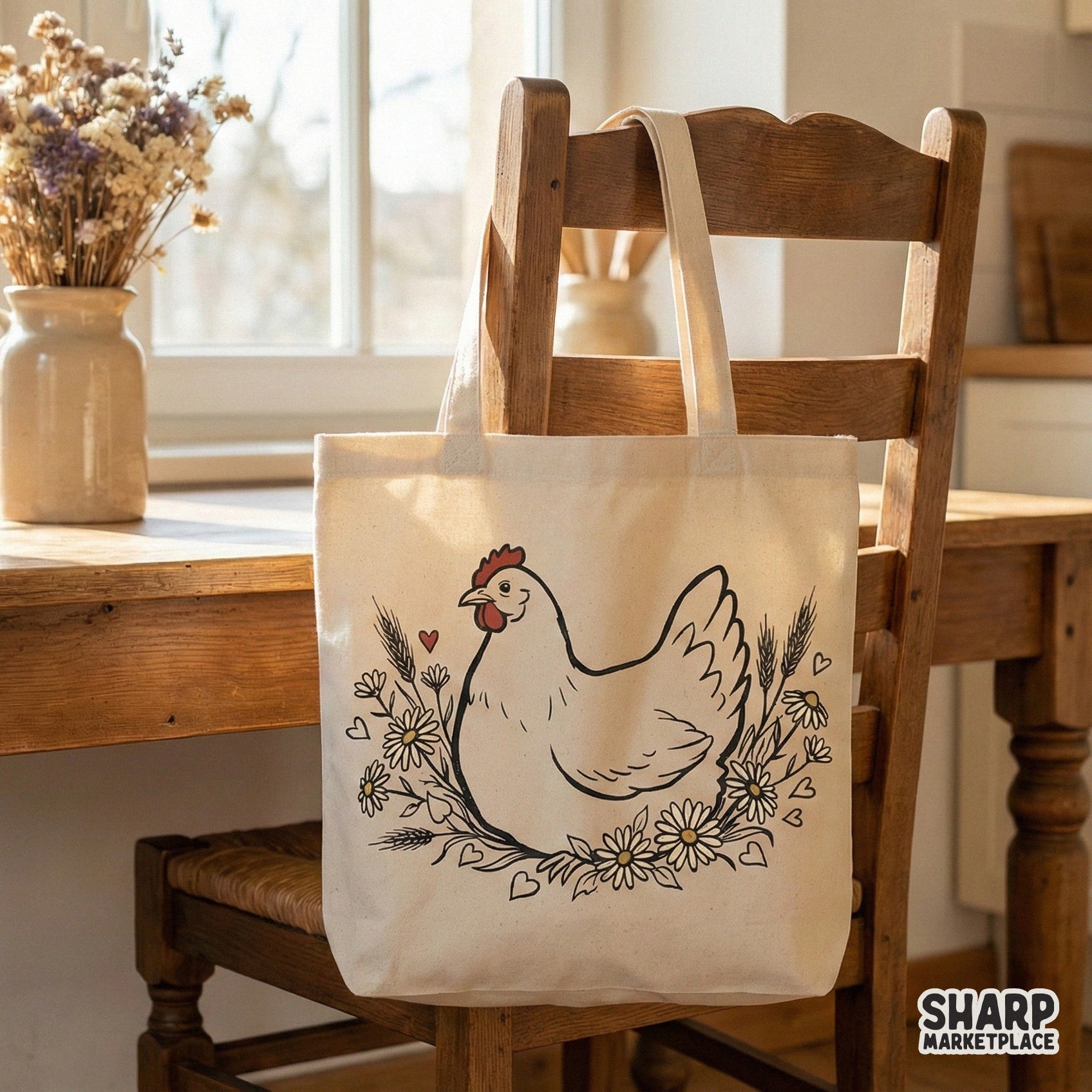 Farmhouse style hen graphic featuring a white chicken nestled in floral daisies and wheat, displayed on a cream-colored fabric tote bag mockup.