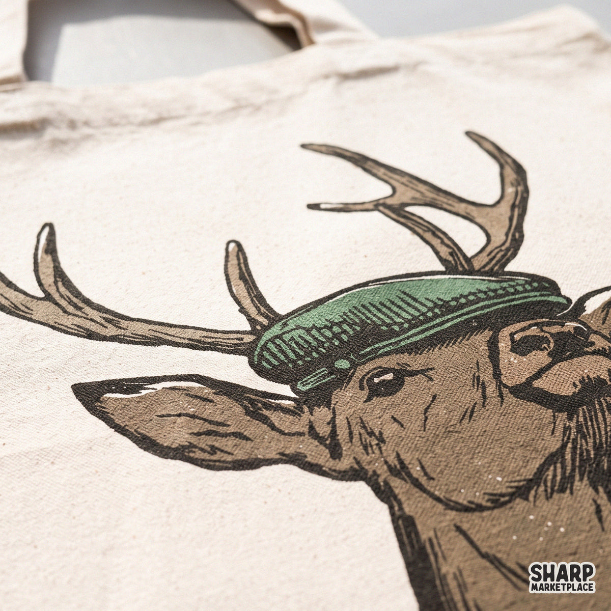 Vintage deer head wearing a green flat cap illustration, funny hunting PNG graphic for retro fall apparel sublimation
