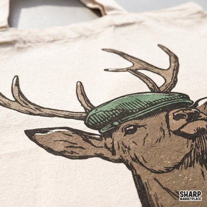 Vintage deer head wearing a green flat cap illustration, funny hunting PNG graphic for retro fall apparel sublimation