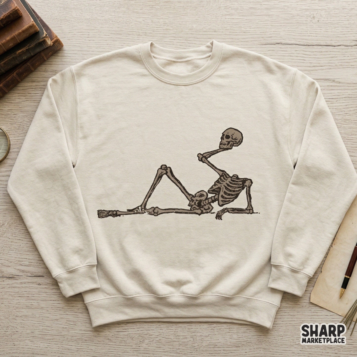 Detailed digital illustration of a reclining skeleton resting on its arm, perfect for spooky sublimation transfers, stickers, or trendy t-shirt designs.