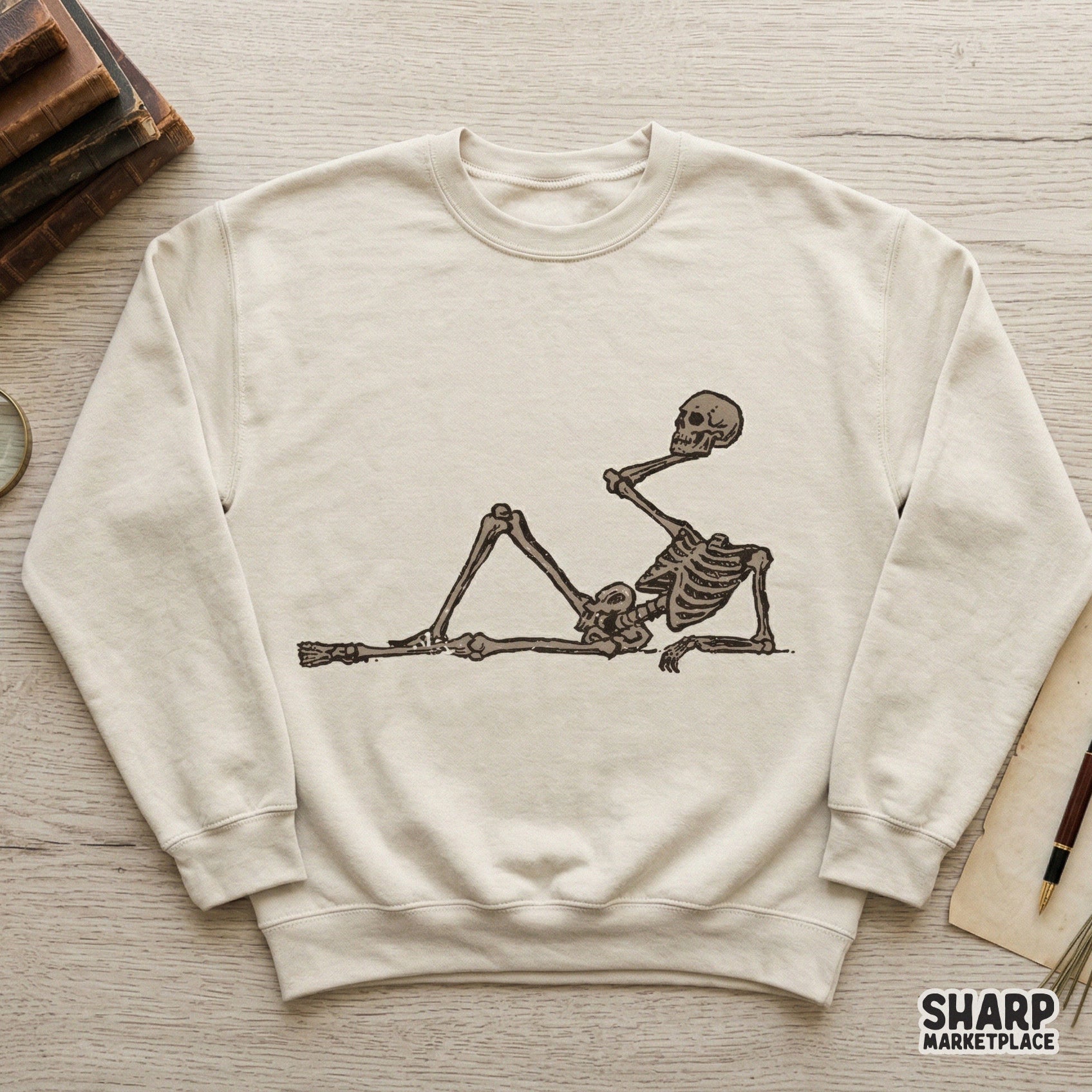 Detailed digital illustration of a reclining skeleton resting on its arm, perfect for spooky sublimation transfers, stickers, or trendy t-shirt designs.