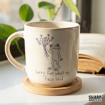 Whimsical line art illustration of a sarcastic frog offering a bouquet of flowers, ideal for sublimation, stickers, or custom t-shirt printing projects.