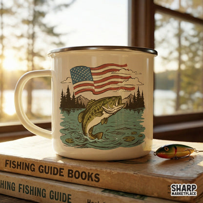 Detailed hand-drawn bass fishing artwork with a patriotic flag backdrop, ideal for creating custom stickers, apparel, and outdoor-themed sublimation designs.
