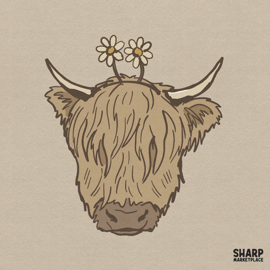 Hand-drawn boho highland cow portrait with two daisies on its horns, featuring earthy tan and brown tones for western-themed sublimation designs.